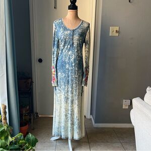 Blue Tie-Dye Dress with Floral Embroidery